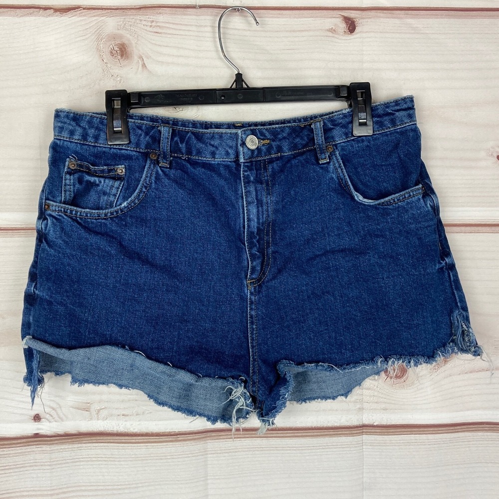TopShop‎ Moto Shorts Womens 12 Mom Jean High Rise Cut Off Dark Wash Denim Cotton